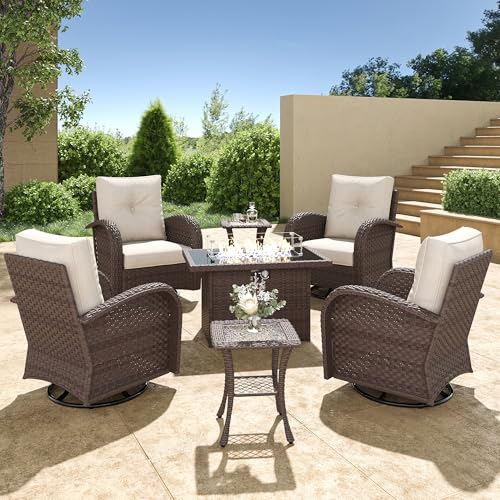 Aeeiua 7 Pieces Wicker Patio Furniture Set with Fire Pit Table, Luxury Outdoor Conversation Set with High Back Swivel Rocker Chairs
