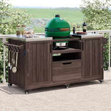 Hassyee Modern Design 66.5" Outdoor Kitchen Island for Big Green Egg Grills, Solid Wood Outdoor Grill Cart with Stainless Steel Top and Drawer (Dark Brown)