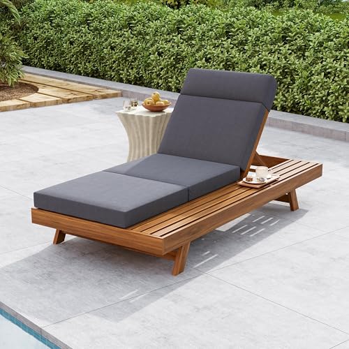 Christopher Knight Home Kayes Acacia Wood Chaise Lounge with 4'' Four-Folds Cushion, Outdoor 79'' Patio Recliner Chair with 4-Position Adjustable Backrest, Sun Lounger for Backyard, Teak+Dark Gray
