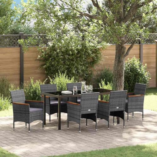 WDGJJFECNMUEHI 7-Piece Outdoor Dining Set Grey Poly Rattan with Cushions, Patio Furniture Set with Tempered Glass Tabletop and Steel Frame for Garden, Terrace, Backyard