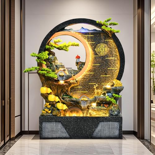 Indoor Outdoor Resin Fountain with LED Light Ring – Round Landscape Waterfall Feature with Pump, Bonsai & Gourd Decor – 6.07ft Tall Large Decorative Water Sculpture (A,Large)(B Large)(A Large)