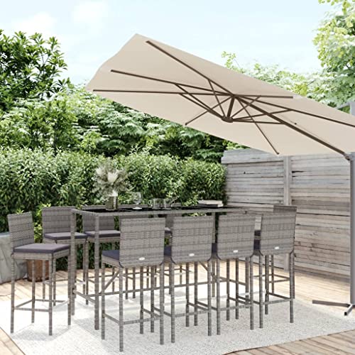 Xolmizyn 11-Piece Outdoor Patio Bar Set, Poly Rattan Pub Table and 10 Stools with Comfortable Seat Cushions, Weather-Resistant Garden Dining Furniture for Backyard Deck, Grey