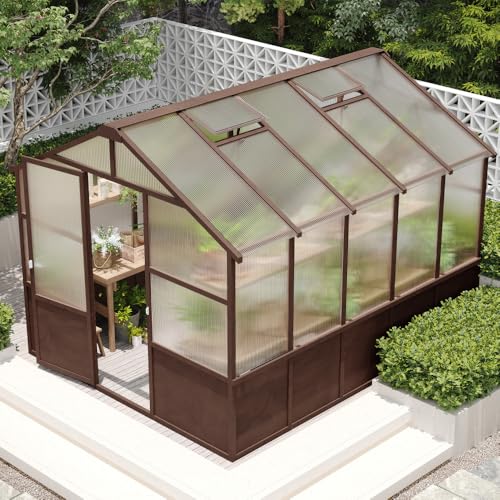8x10 FT Walk-in Greenhouse Kit – Wood Frame with 6MM Polycarbonate Panels, Adjustable Vent & Lockable Door, Heavy Duty Cedar Greenhouse for Backyard, Garden, Patio