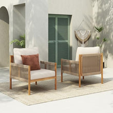 Christopher Knight Home Barris Lounge Chair Outdoor Set of 2, Patio Accent Chair, Comfy Reading Extra Seat, Wooden Frame+Rope Woven+Removable Cushion, for Garden/Backyard/Balcony/Poolside,Teak+Beige