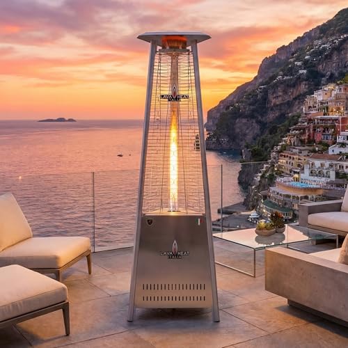 The Capri Patio Heater by Lava Heat Italia, Natural Gas Compact Flame Tower in Stainless Steel, Italian-Designed Triangle Chassis Outdoor Heater for Balconies, Small Patios, and Residential Use