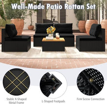 KswyyuwxgqI 5-Piece Outdoor Rattan Sofa Set with Seat and Back Cushions, Wicker Patio Furniture Set with Square Coffee Table for Backyard Poolside Lounge(Black)