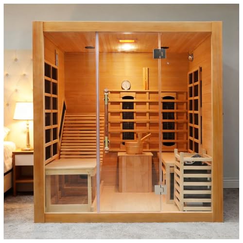 amocane Infrared & Steam Dual-System Sauna Room, 2-3 Person Canadian Hemlock Wood Sauna with Recliner, Indoor Traditional Hybrid Home Saunas Spa with 9 Heaters & 6KW Sauna Stove, Oxygen Bar