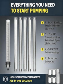 DIY Sand Point Well Kit, 5 Galvanized Pipes, Couplings and Drive Cap