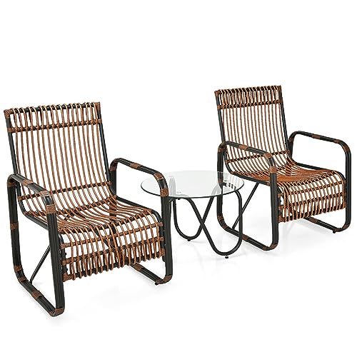 DUYHBAWRS 3PCS Patio Rattan Furniture Set Conversational Sofa Coffee Table Garden