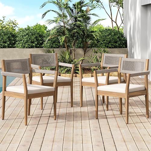Seeheool Braided Acacia Wood Outdoor Dining Chairs Set of 4 – Teak Look with Beige Rope & Cream Cushions, Armrests – All-Weather Patio Furniture for Garden, Poolside, and Backyard (Durable & Stylish)