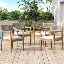 Seeheool Braided Acacia Wood Outdoor Dining Chairs Set of 4 – Teak Look with Beige Rope & Cream Cushions, Armrests – All-Weather Patio Furniture for Garden, Poolside, and Backyard (Durable & Stylish)
