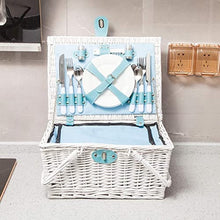 ZYBB Picnic Basket Wicker with Cutlery Insulation Bag Foldable Handles for 4 People 42x32x22cm(Color:White+Blue)