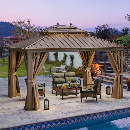 YITAHOME 10x12ft Hardtop Gazebo with Nettings and Curtains Bronze