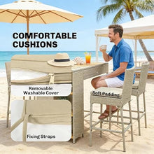 XITPEYEZY Outdoor Wicker Bar Table and 4 Stools Set with Acacia Wood Top