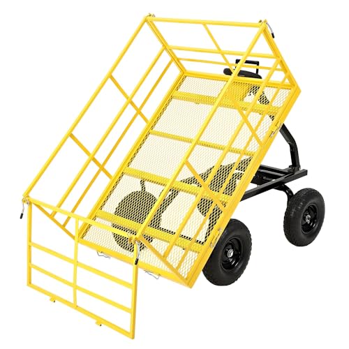 1500 lbs Heavy Duty Steel Garden Cart - Utility Yard Wagon - Removable Mesh Sides & 180° Swivel Handle - Flat-Free All-Terrain 13-Inch Wheels - Red Rims, Black Frame, Black Handlebars