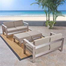 Noble House Cape Coral 4-Seater Aluminum Loveseat and Ottoman Set Silver/Kahki