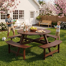 CKEASEAN 8 Person Wooden Picnic Table, Outdoor Round Picnic Table with 4 Built-in Benches, Umbrella Hole, Outside Table and Bench Set for Patio, Backyard, 500lbs Capacity Per Bench (Brown - 8Person)