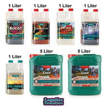 Canna Coco Nutrient 5 Liter Base Package - Part A and B, Boost Accelerator, Cannazym Nutrient Breakdown, PK 13/14 Booster, Start and Rhizotonic Root Stimulator - Free Legalize Tomatoes Sticker