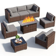 Qsun 8 Pieces Outdoor Patio Furniture Set with 44.9" Fire Pit Table, All-Weather Wicker Outdoor Patio Sectional Set with Coffee Table, for Garden Backyard
