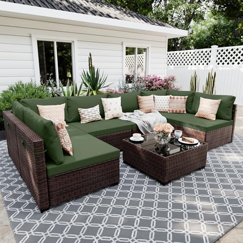 UPHA 7-Piece Wicker Patio Furniture Set with Coffee Table, Green