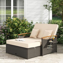 LDAILY Moccha Outdoor Wicker Daybed, Patio Rattan Loveseat Sofa w/ 4-Level Adjustable Backrest, Folding Panels, Storage Ottoman & Cushions, Lounge Furniture Set for Poolside Backyard Porch (Beige)