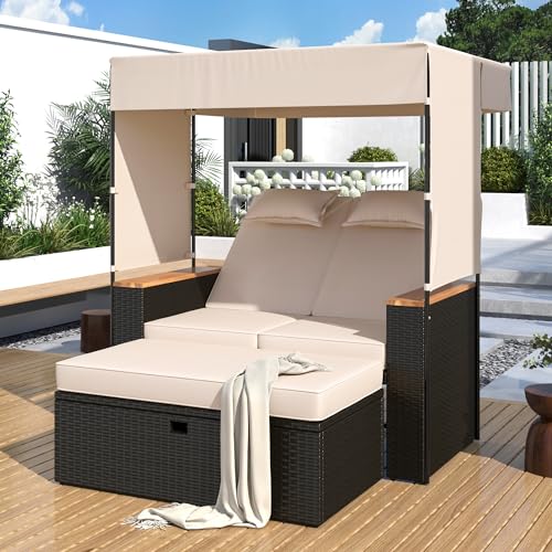 Merax 2-Piece Outdoor Rattan Daybed, Wooden Handrail Table Patio Loveseat Sofa Bed with Bench Lounge Roof Set and Cushions for Poolside, Backyard and Garden, Beige