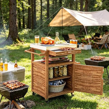 Amgalers Wood Frame Grill Cart, Stainless Steel Tabletop Pizza Oven Stand, Closed Storage Cabinet, Spice Rack & Towel Holder for Patio, Backyard Indoor Outdoor Use(Brown)