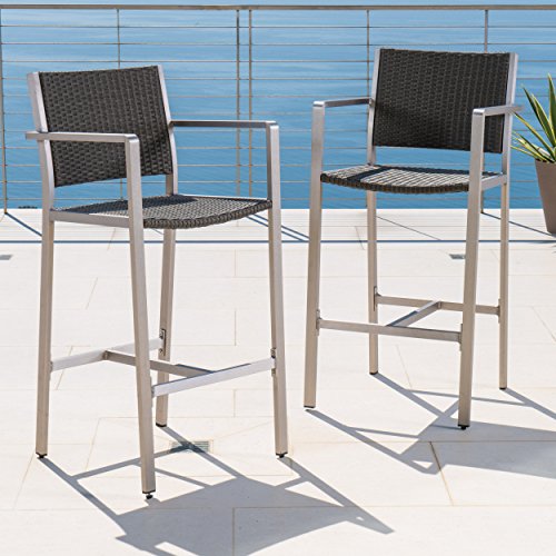 GDF Studio Outdoor Wicker and Aluminum Bar Set 3 Piece Grey With Wicker Top