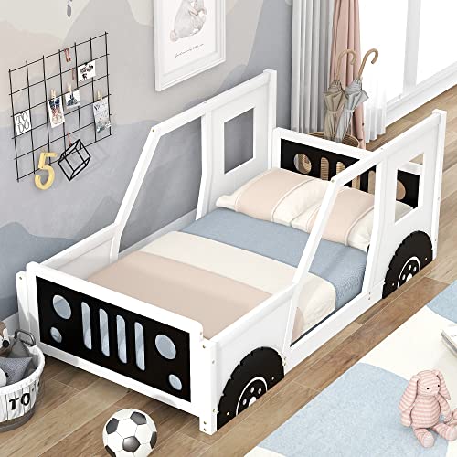 Winwee Twin Car-Shaped Platform Bed Frame with Wheels, White