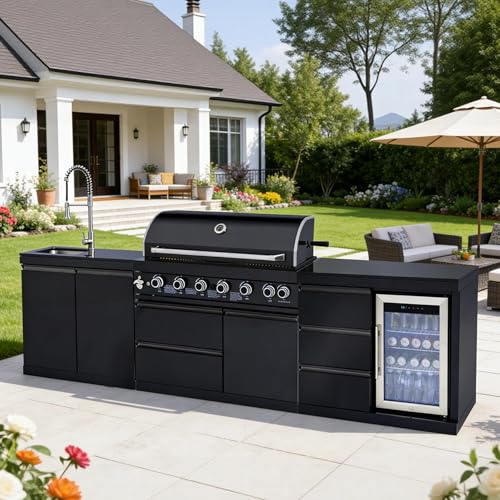 Modular Stainless Steel Outdoor Kitchen Island,All-in-One BBQ Grill Station with Sink,Storage Drawers, Side Prep Counter (114 IN Black Sink Fridge, 114", Propane Gas Grill)