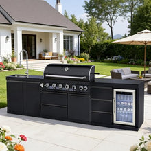 Modular Stainless Steel Outdoor Kitchen Island,All-in-One BBQ Grill Station with Sink,Storage Drawers, Side Prep Counter (114 IN Black Sink Fridge, 114", Propane Gas Grill)