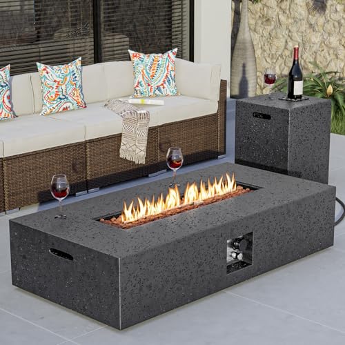 COSIEST 56" Rectangular Outdoor Propane Fire Pit Coffee Table w Concrete Rectangle Base, Certified, 50,000 BTU, Free Lava Rocks and RainCover, Fits 20lb Tank Outside,Tank Cover, Gray