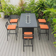 LeisureMod Chelsea 1 Bar Height Fire Pit Table & 6 Bar Chairs Orange Cushions, 50,000 BTU Fire Pit Dining Table Set, Powder-Coated Aluminum Patio Dining Set, Removable Olefin Covers