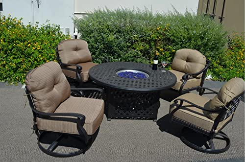 Patio Land Nassau Outdoor Cast Aluminum Powder Coated 5-Piece Deep Seating Set with 52" Firepit Chat Table and Swivel Club Chairs (with Olefin Walnut Cushions)
