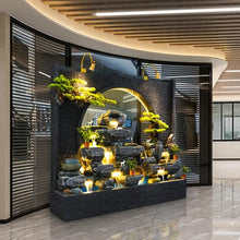 Elegant Multi-Flow Cement Water Fountain with Decorative Plants, LED Lights, and Traditional Aesthetic - Ideal for Indoor and Outdoor Spaces, 77 inch Long, 71 inch Tall