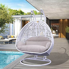 LeisureMod 2 Person Hanging Double Swing Chair, X-Large White Wicker Rattan Egg Chair with Stand and Cushion for Indoor Outdoor Patio Garden, Taupe