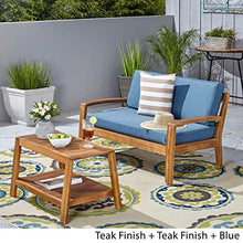 Great Deal Furniture GDFStudio Outdoor Teak Finished Acacia Wood Loveseat and Coffee Table Set with Blue Water Resistant Cushions