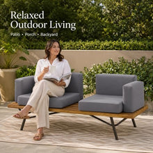 OYEFIT Acacia Wood Patio Loveseat with Gray Cushions and Metal Legs