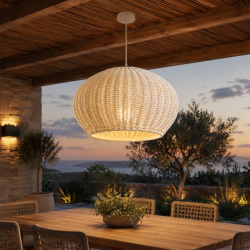 MIXL White Rattan Pendant Light Suit for Indoor and Outdoor,24 Inch Width