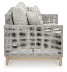 Signature Design by Ashley Seton Creek Cottage Weather Resistant Outdoor Loveseat with Cushion and 2 Throw Pillows Light Brown & Light Gray