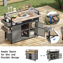 Merax 52.8" W Wicker Outdoor Grill Cart with Extended Plastic Wood Table Top, Rolling Kitchen Island on Wheels with Storage Cabinet, for Patio Backyard Garden Poolside, Double Handle Design, Grey