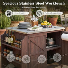YATON Outdoor Grill Cart with Stainless Steel Top, Rolling Outdoor Kitchen Island with Storage Cabinet & 3-Tier Side Shelves, BBQ Prep Table on Wheels with Hooks for Patio Backyard,Brown