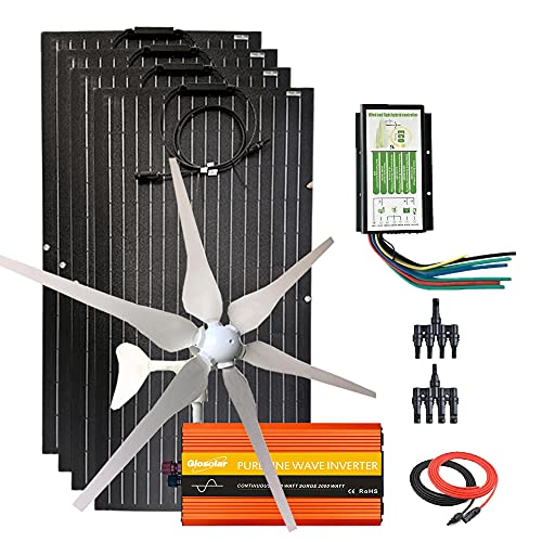 400W ETFE Flexible Solar Panel + 400W Wind Turbine Generator + Hybrid Controller + 1000W Power Inverter + Solar Extension Cable (800W Wind Solar Powered Kit for Boat)