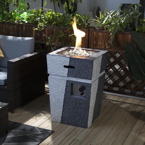Propane Gas Fire Pit Table 40000 BTU Outdoor Heater Column Square MgO Patio Fireplace Electronic Ignition Stainless Steel Burner Hidden Tank Storage Adjustable Flame Glass Rocks Rain Cover