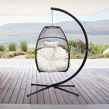 Hanging Rope Swing Seat Patio Wicker Folding Hanging Chair with Cushion and Pillow Rattan Swing Hammock Egg Chair with X Type Base and C Type Bracket for Indoor/Outdoor(Black+Beige)