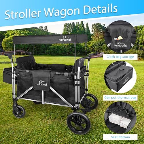 Badovinci Folding Stroller Wagon for 4 Kids with 5-Point Harness and Adjustable Canopy Black