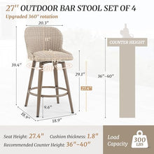 Cozyman Swivel Outdoor Bar Stools Set of 4, 27" Counter Wicker Patio Chair - Waterproof & All-Weather, Boho Coastal Bar Stools with Backrest for Porch,Kitchen Island,Patio,Pool,Apricot