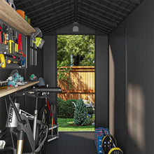 Patiowell 4x8 FT Plastic Outdoor Storage Shed with Floor, Garden Tool Shed with Two Windows and Single Lockable Door for Garden, Backyard, Lawn, Easy to Install, Dark Gray