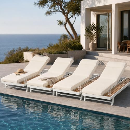 Merax 4 piece White Iron Teak Finish Chaise Lounge Set with 4" Thick 4-Fold Cushion with Headrest, 400 lbs Capacity, Adjustable Backrest with Flat Storage Surface for Patio, Poolside, Backyard, Beige