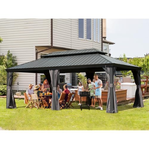 Outdoor Hardtop Gazebo, 14' X 20' Metal BBQ Canopy with Galvanized Steel Double Roof, Permanent Pergola with Curtains and Netting, UV-Proof, Suitable for Patio, Deck, Garden (14'X20' (Grey))